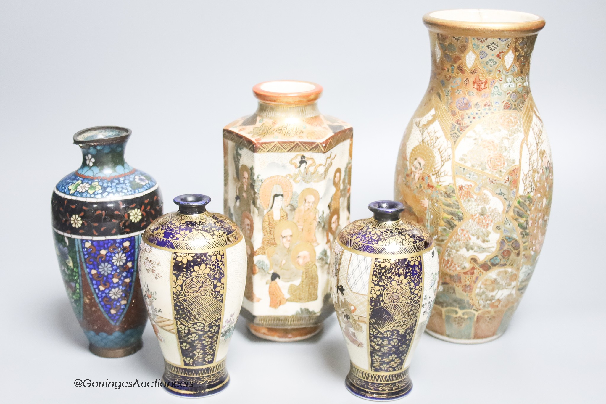 A pair of Satsuma vases, two other Satsuma vases and a cloisonne vase, tallest 23cm